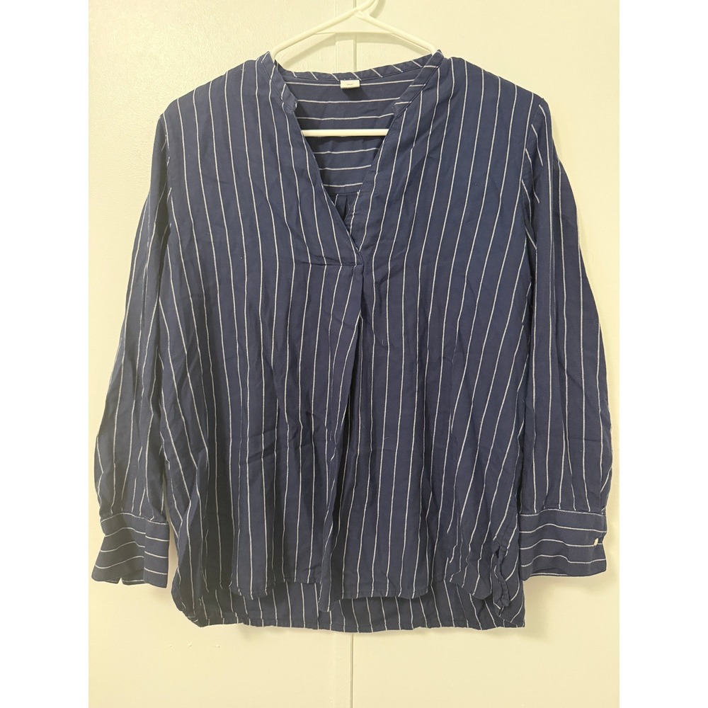Old Navy Blouse Blue M Pinstripe V-Neck Tunic Career Old Money Preppy Casual